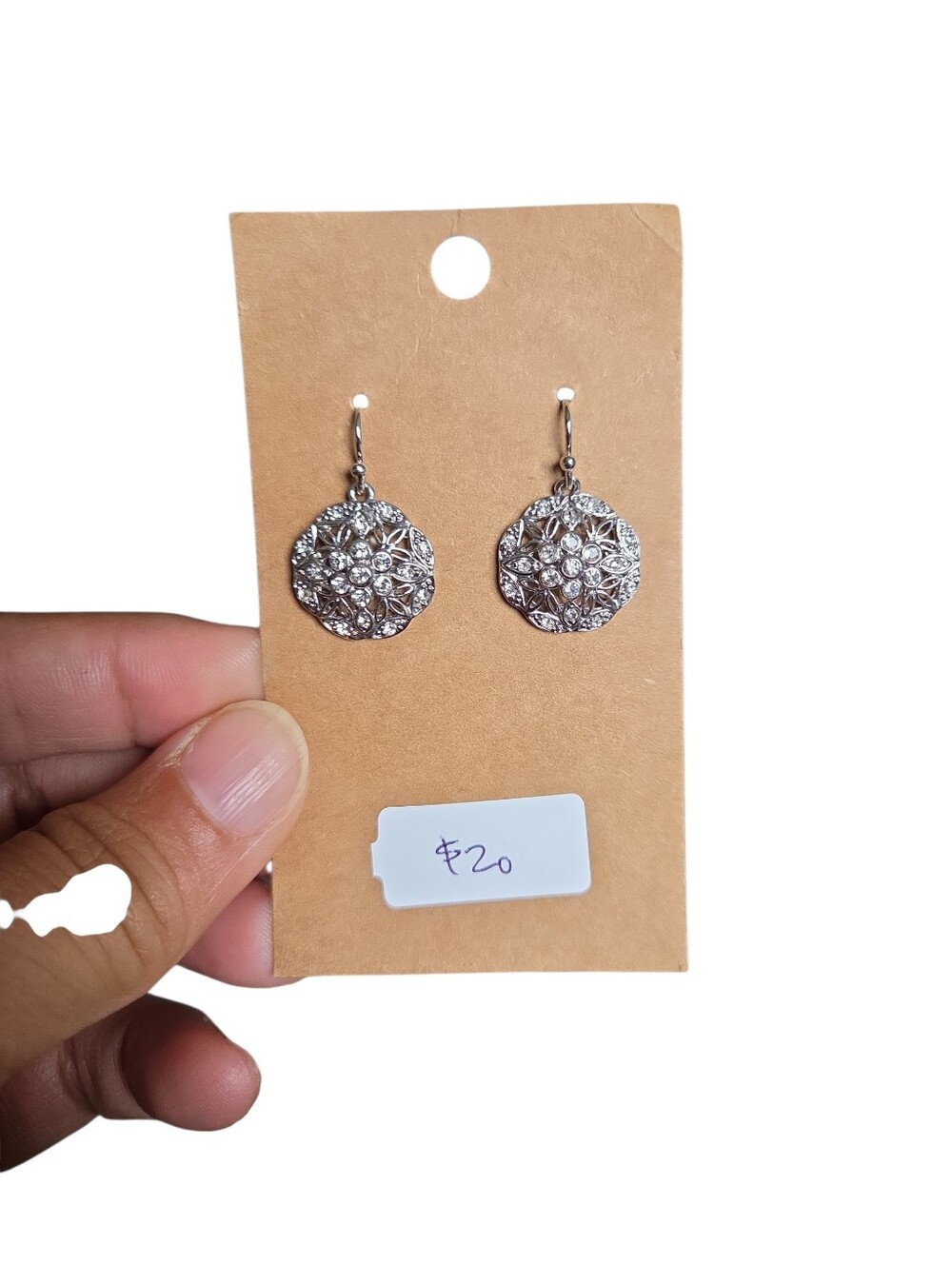 Silver Toned Floral Sparkling Crystal Drop Earrings 1"